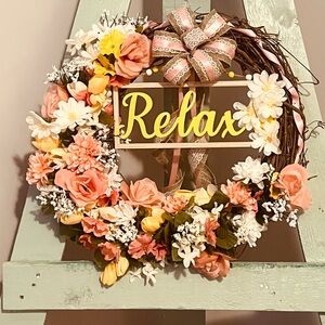 SOLD !!Spring/Summer Wreath Pink Roses Mixed Flowers Grapevine Wreath 18 Inches